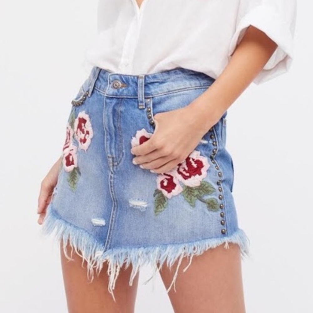 Free People Wild Rose Embroidered Mini Skirt